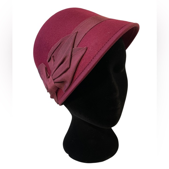 Nine West Accessories - NINE WEST Burgundy Red Ribbon Wool Felt Adjustable-Size Cloche Hat Cap